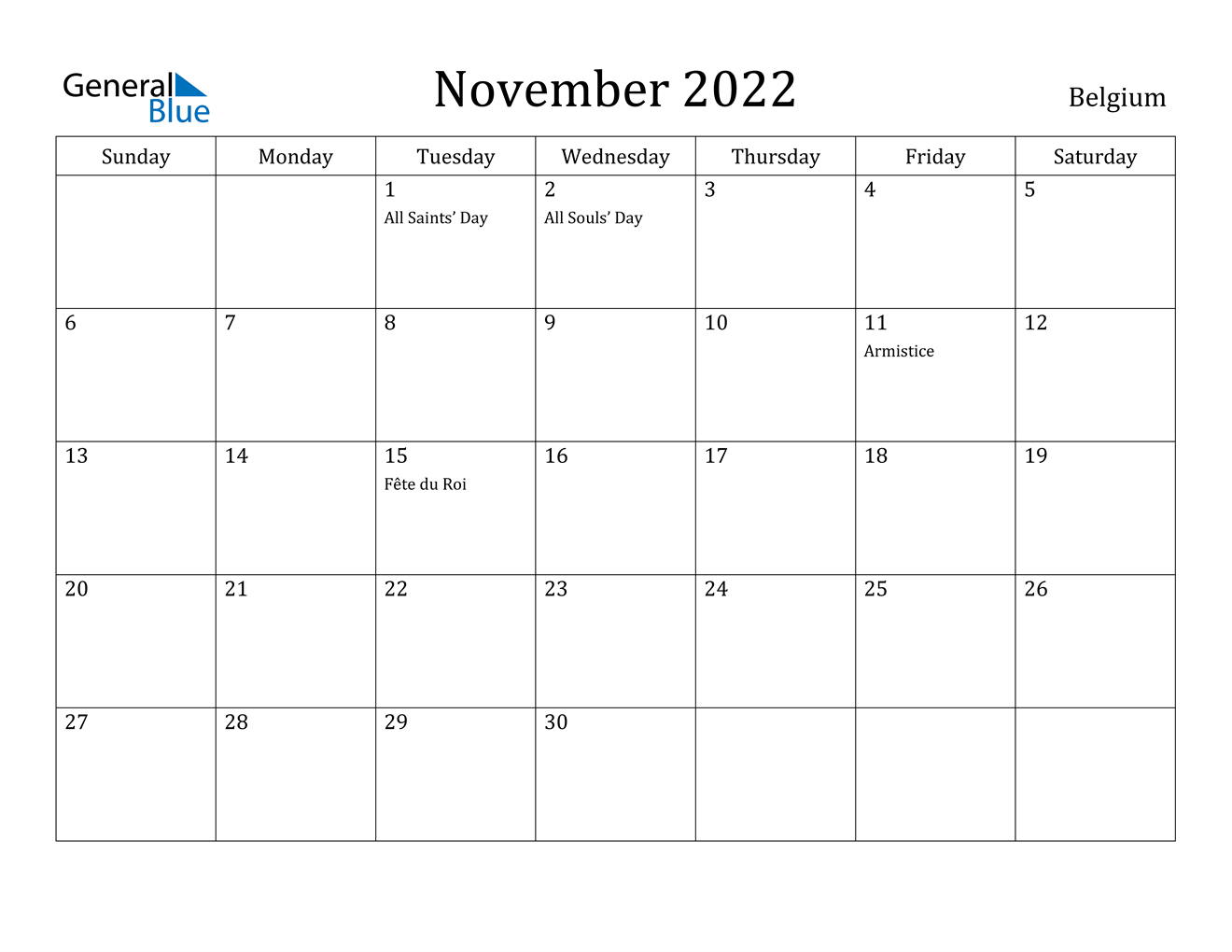 November 2022 Calendar - Belgium