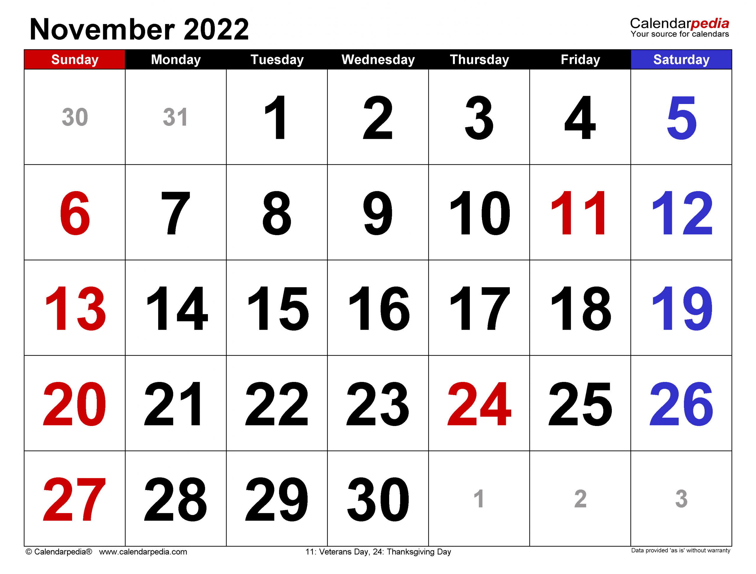 November 2022 Calendar | Templates For Word, Excel And Pdf