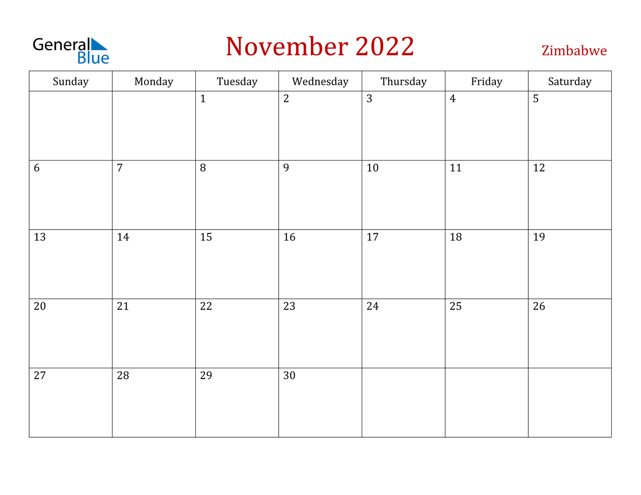 November 2022 Calendar - Zimbabwe