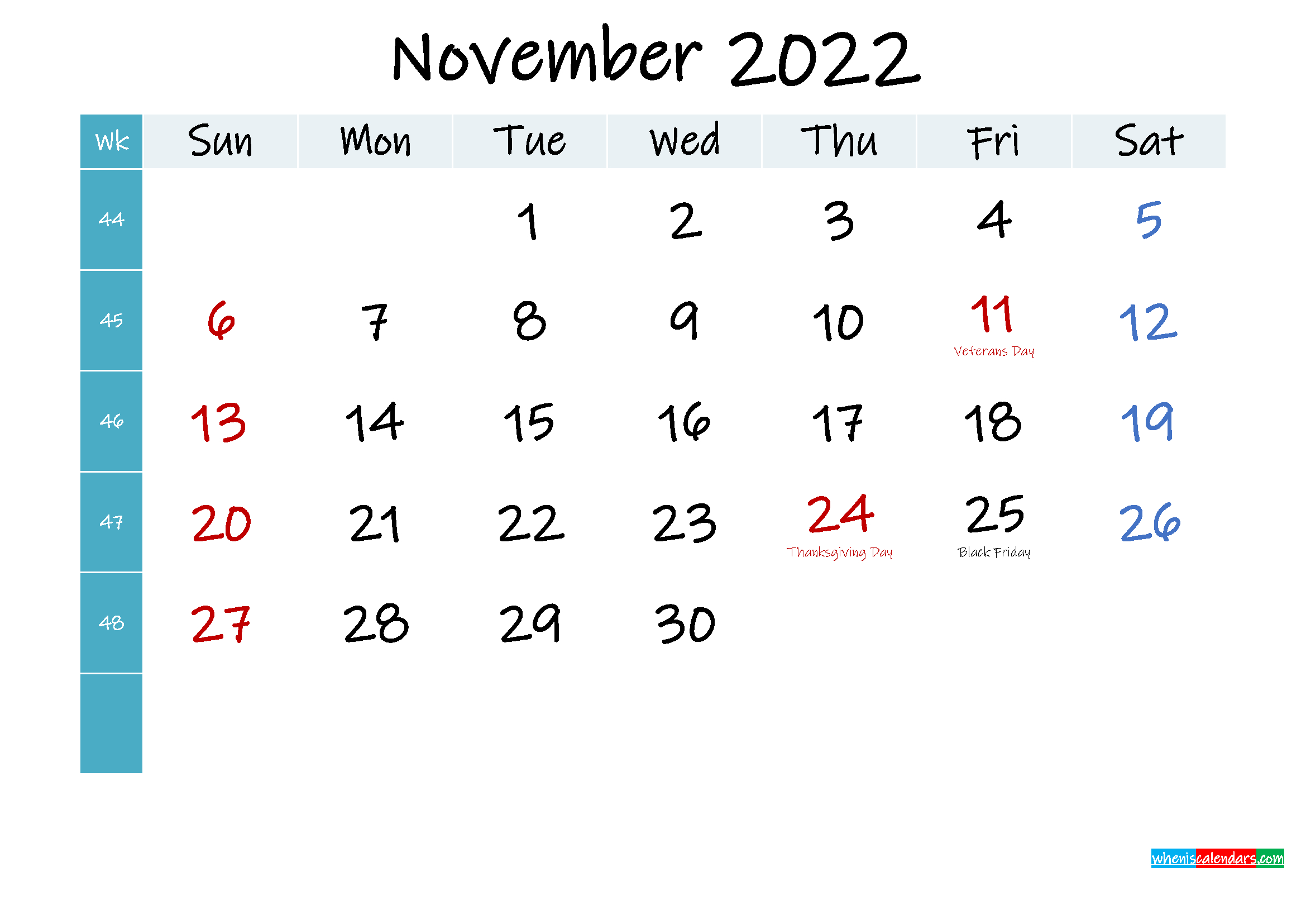 November 2022 Free Printable Calendar - Template No