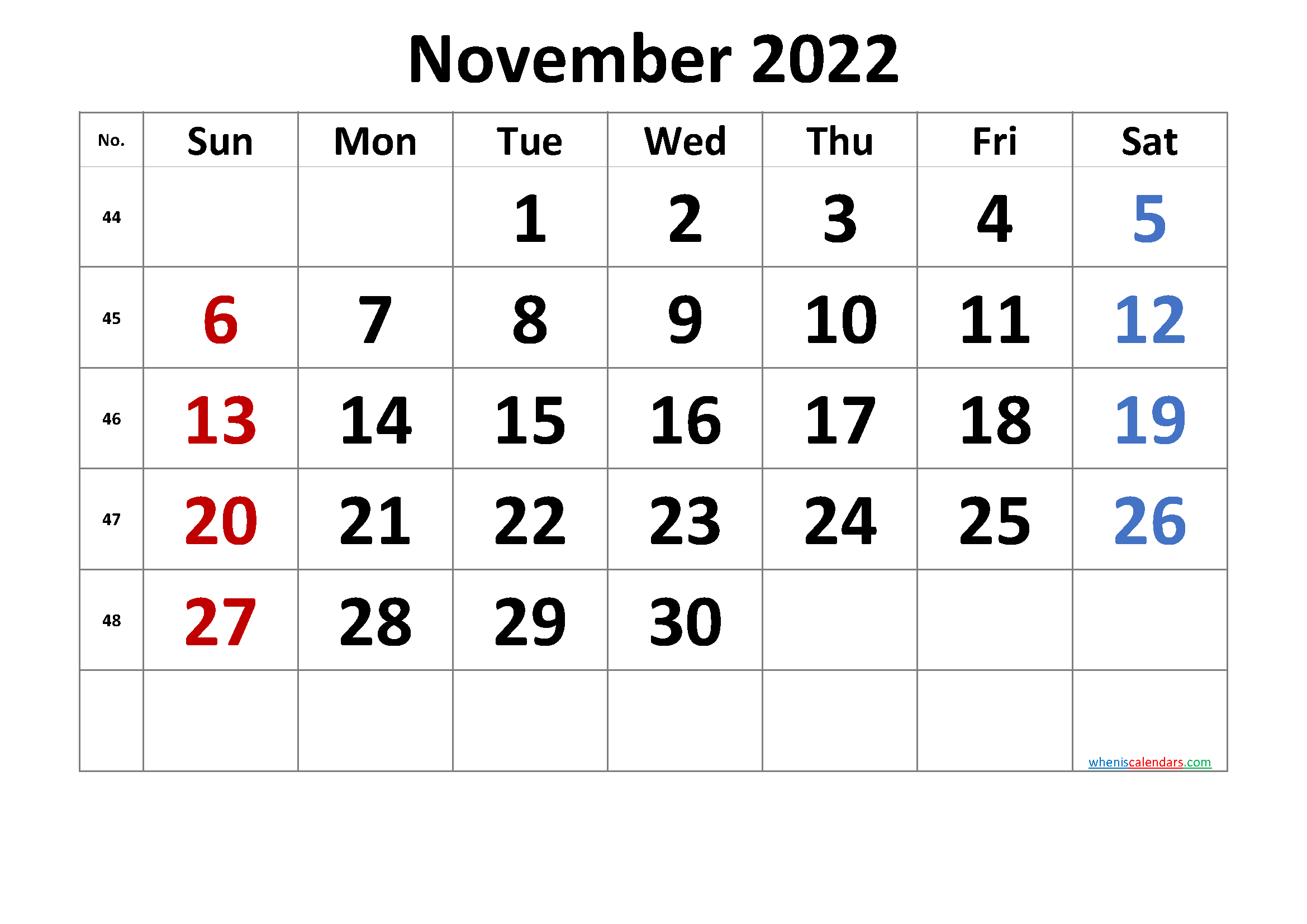 November 2022 Printable Calendar With Week Numbers [Free