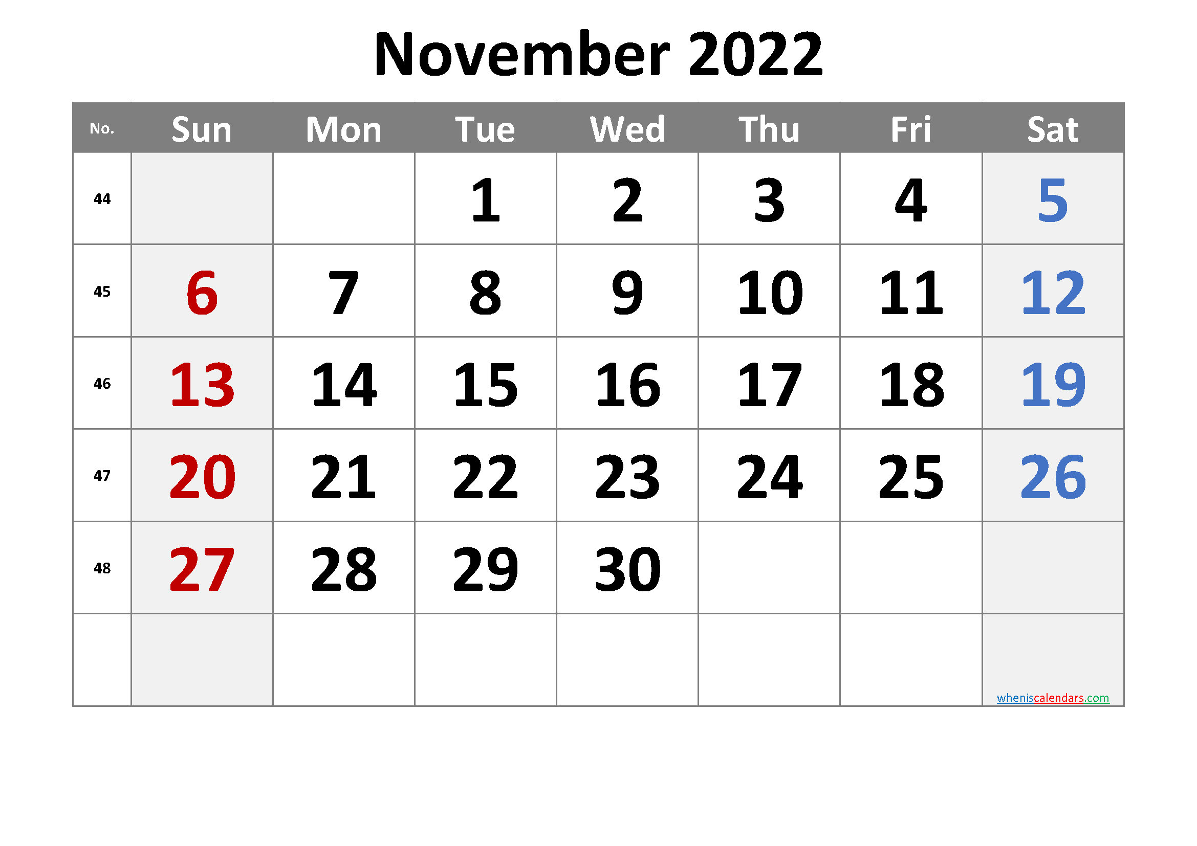 November 2022 Printable Calendar With Week Numbers [Free