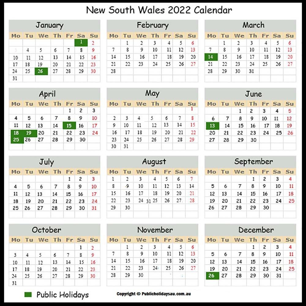 Nsw Public Holiday Calendar 2022