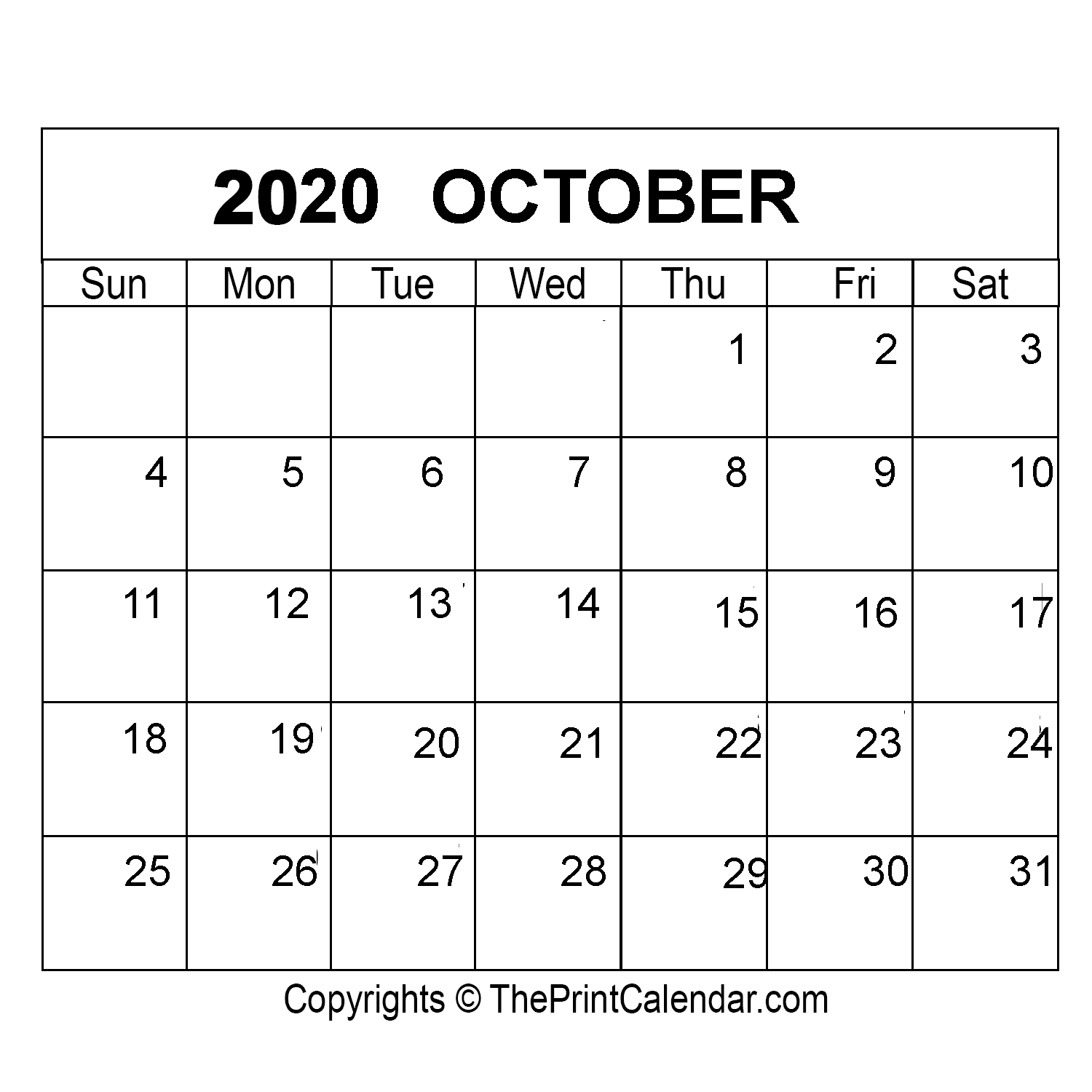 October 2020 Printable Calendar Template [Pdf, Word &amp; Excel]