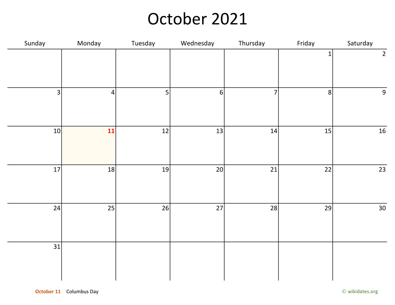 October 2021 Calendar With Bigger Boxes | Wikidates