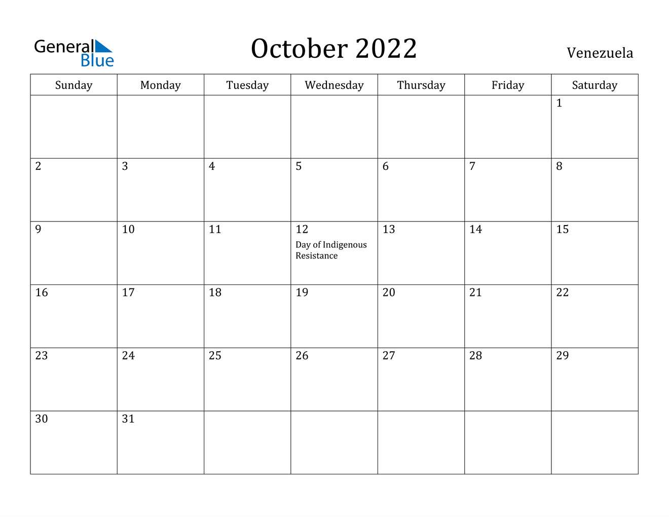 October 2022 Calendar - Venezuela