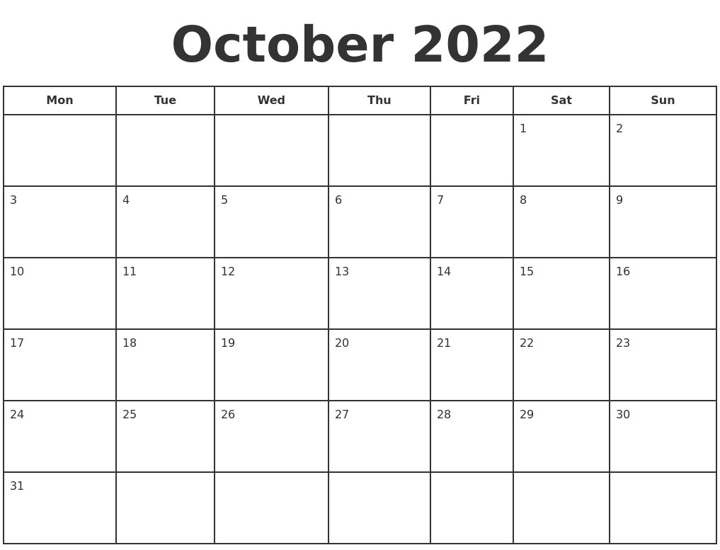 October 2022 Print A Calendar