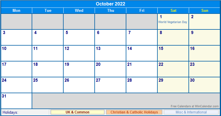 October 2022 Uk Calendar With Holidays For Printing (Image