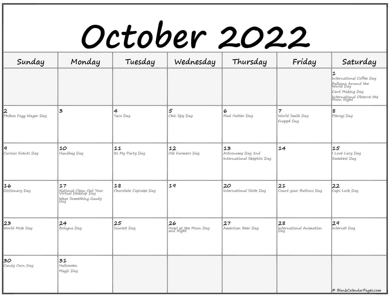 October 2022 With Holidays Calendar