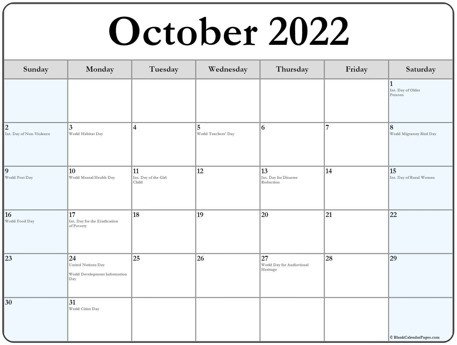 October 2022 With Holidays Calendar