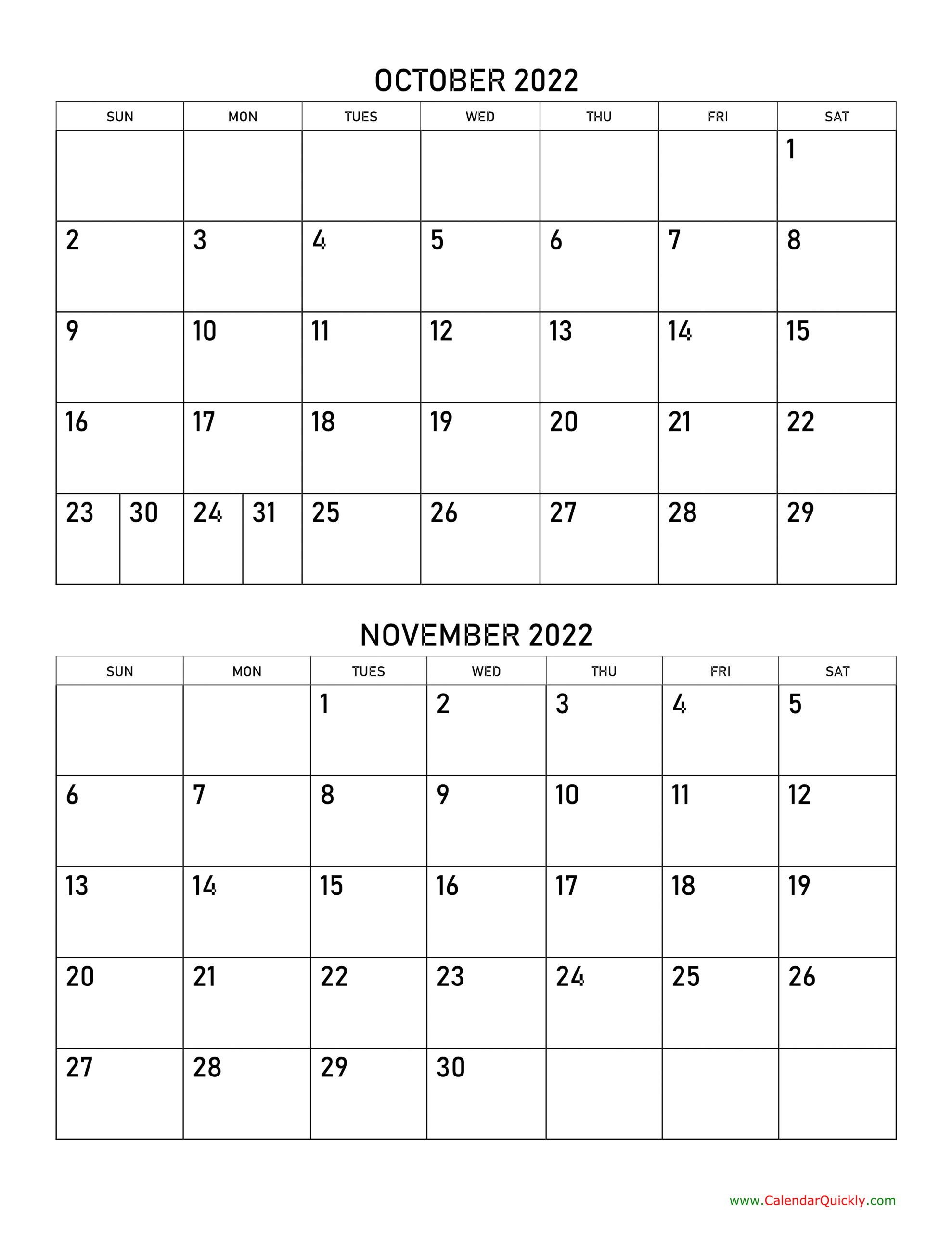 October And November 2022 Calendar | Calendar Quickly