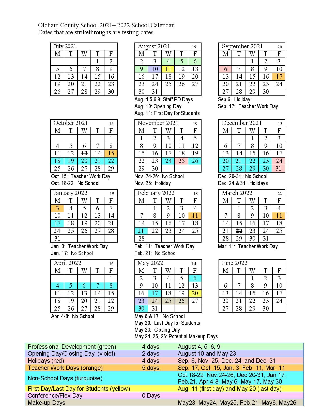 Oldham County Schools Calendar 2021-2022 In Pdf
