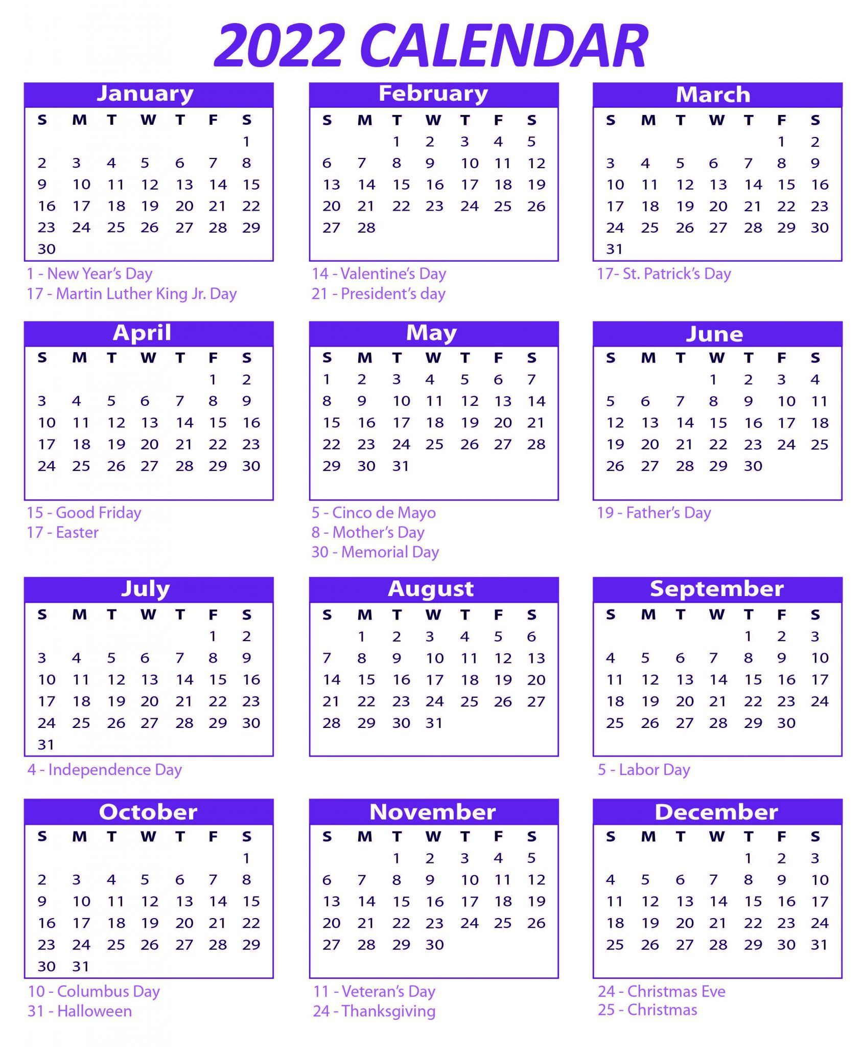 One Page 2022 Calendar Printable Download - Calendar 2022