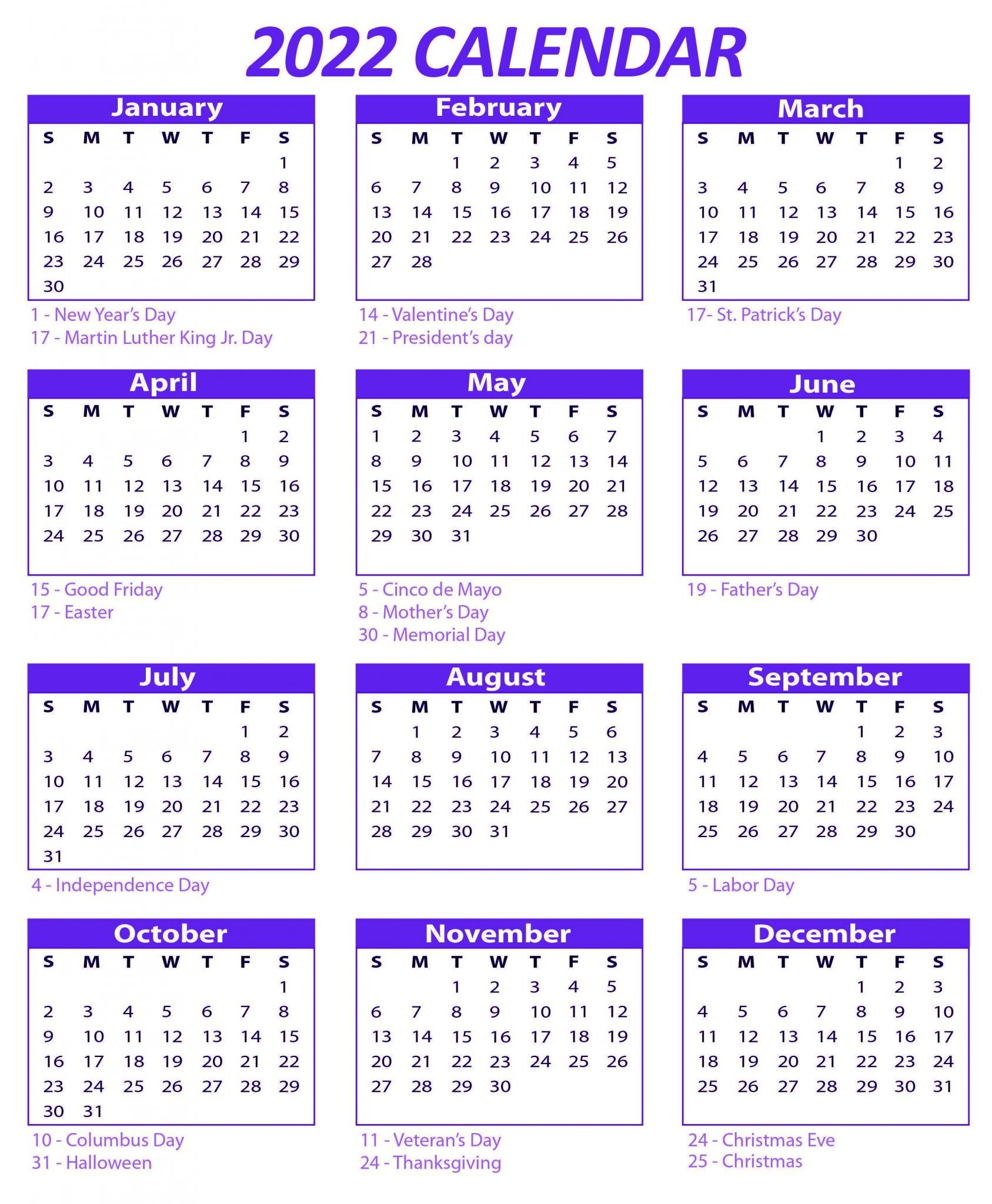 Universal Free Printable 2022 Yearly Calendar With Holidays