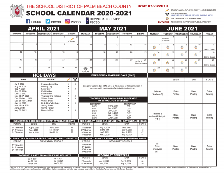 Palm Beach County School Calendar 2021 To 2022 | 2022