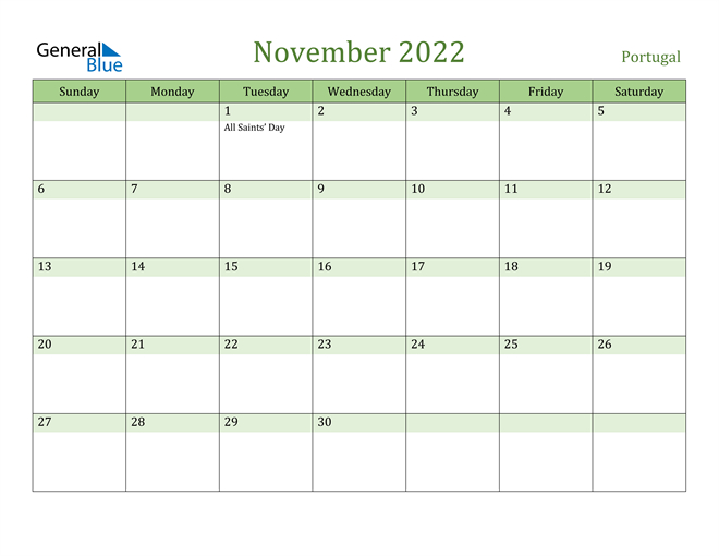 Portugal November 2022 Calendar With Holidays