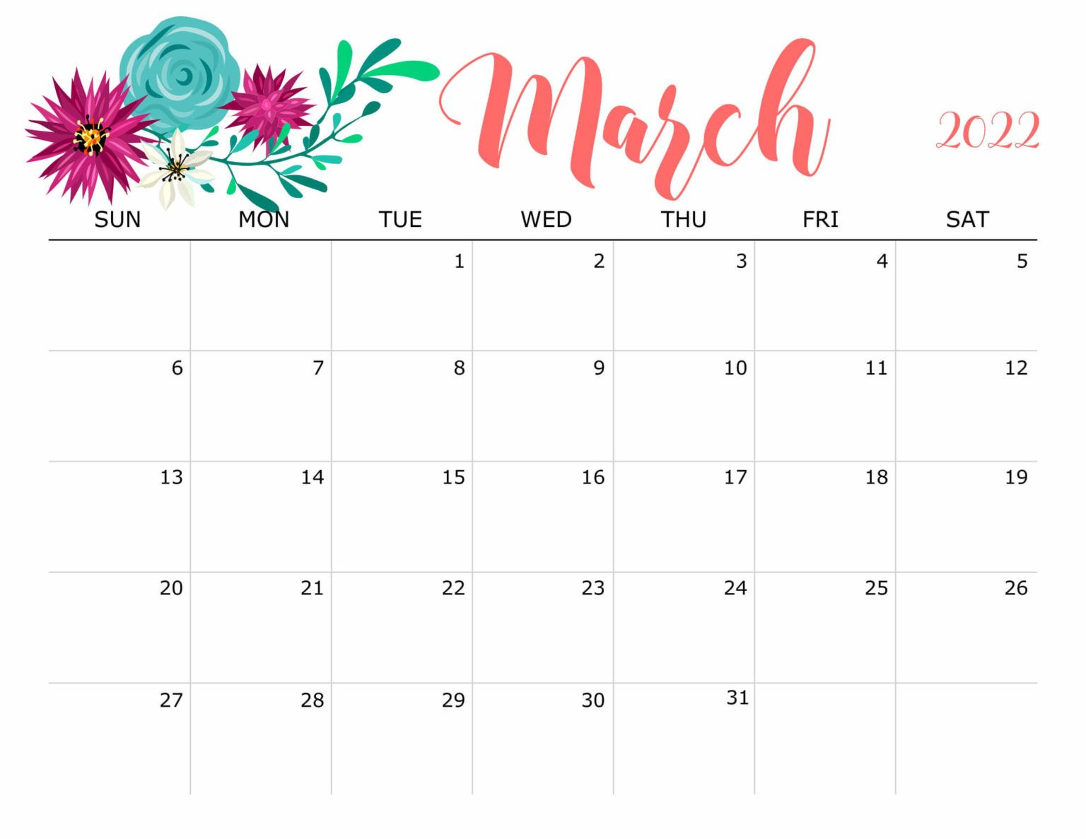 Pretty March 2022 Calendar Printable | Printable Calendars