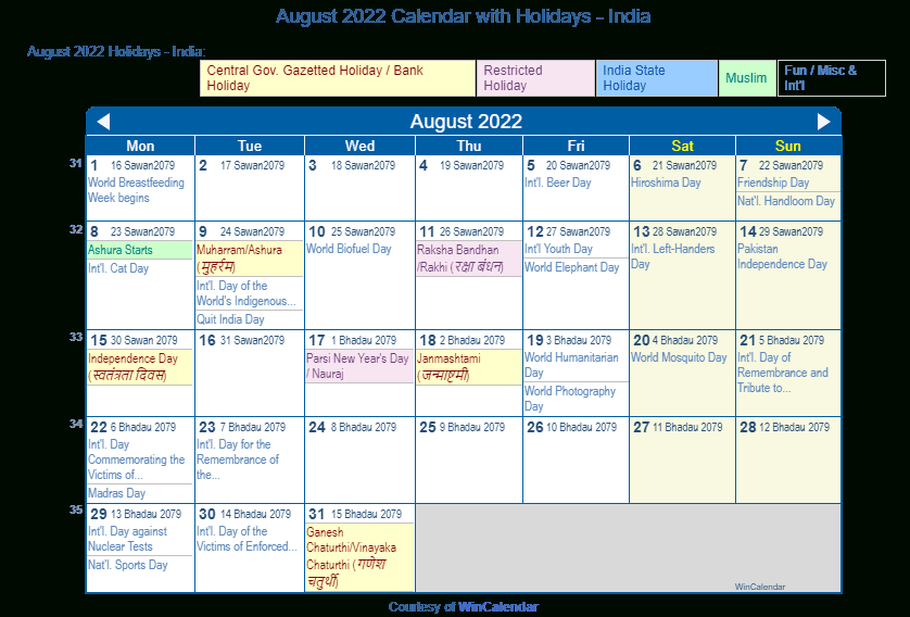 Print Friendly August 2022 India Calendar For Printing