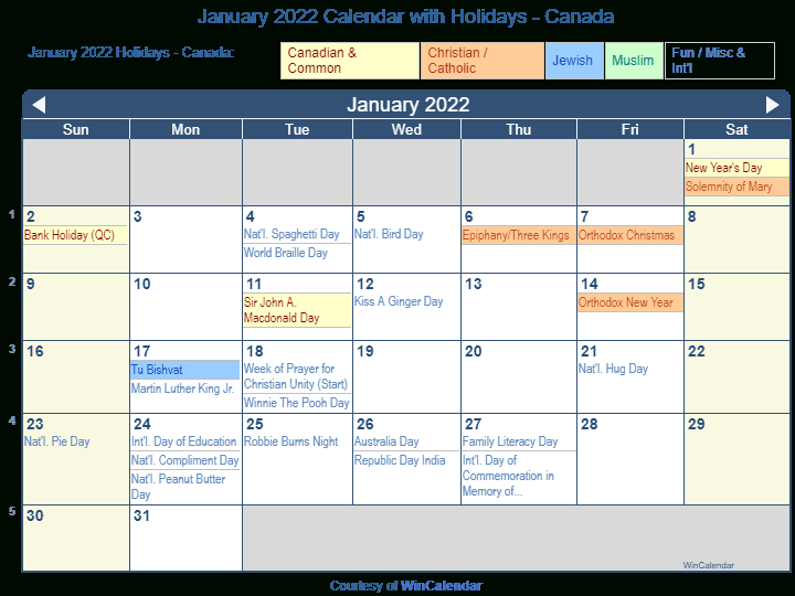 Print Friendly January 2022 Canada Calendar For Printing