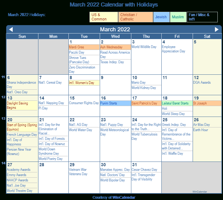 Print Friendly March 2022 Us Calendar For Printing