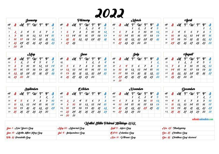 Printable 2022 Calendar With Holidays - 6 Templates