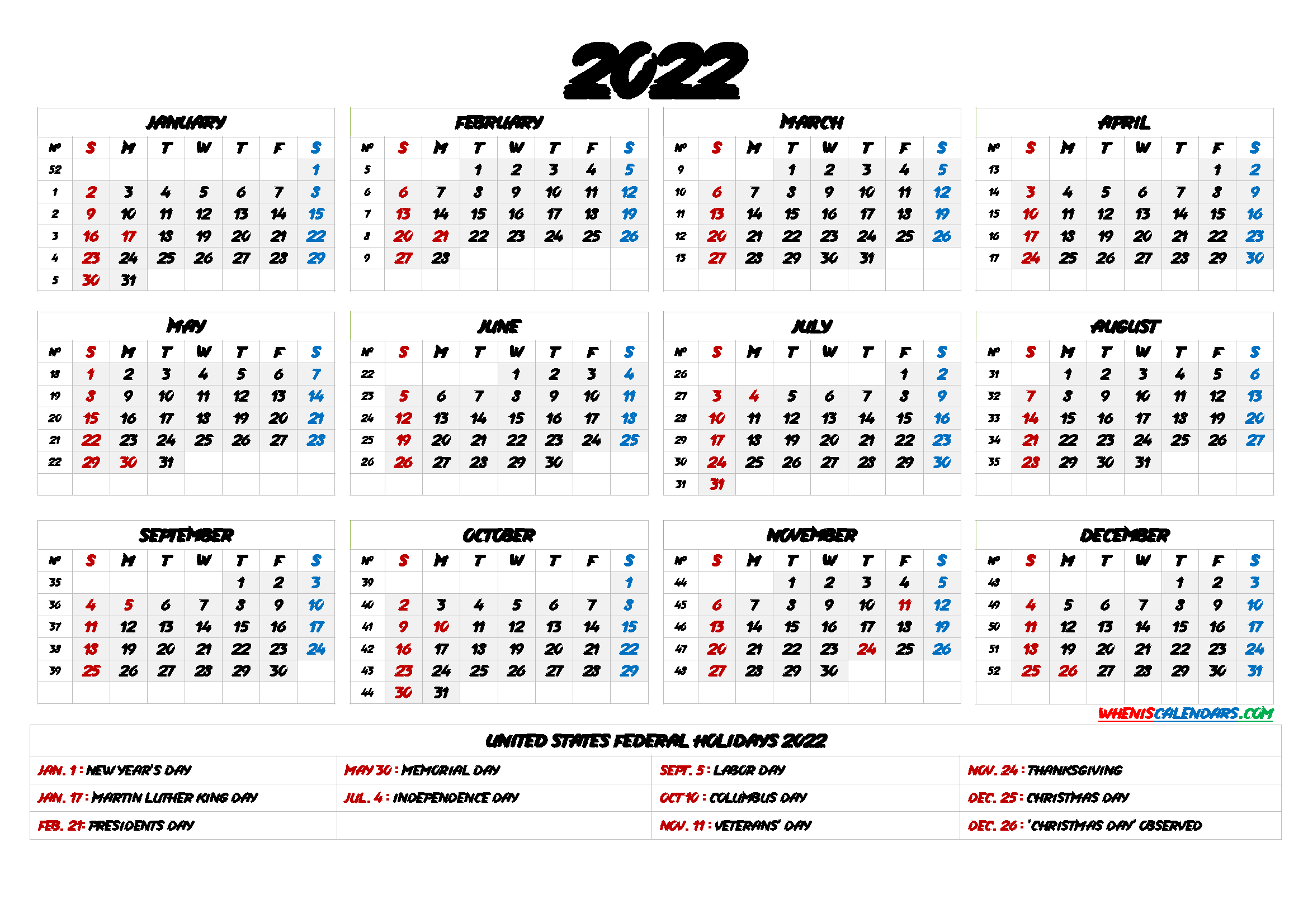 Printable 2022 Calendar With Holidays - 6 Templates