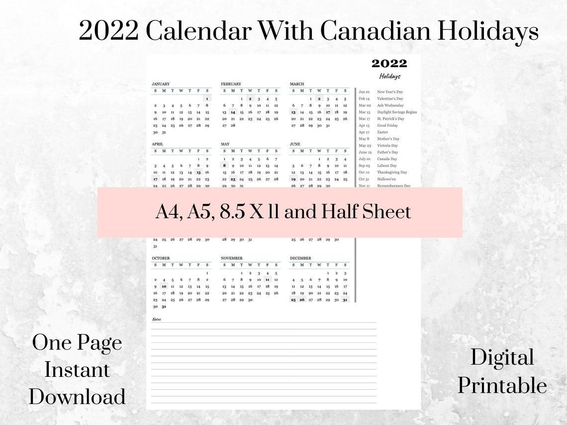 Printable 2022 Canadian Holidays Yearly One Page Calendar