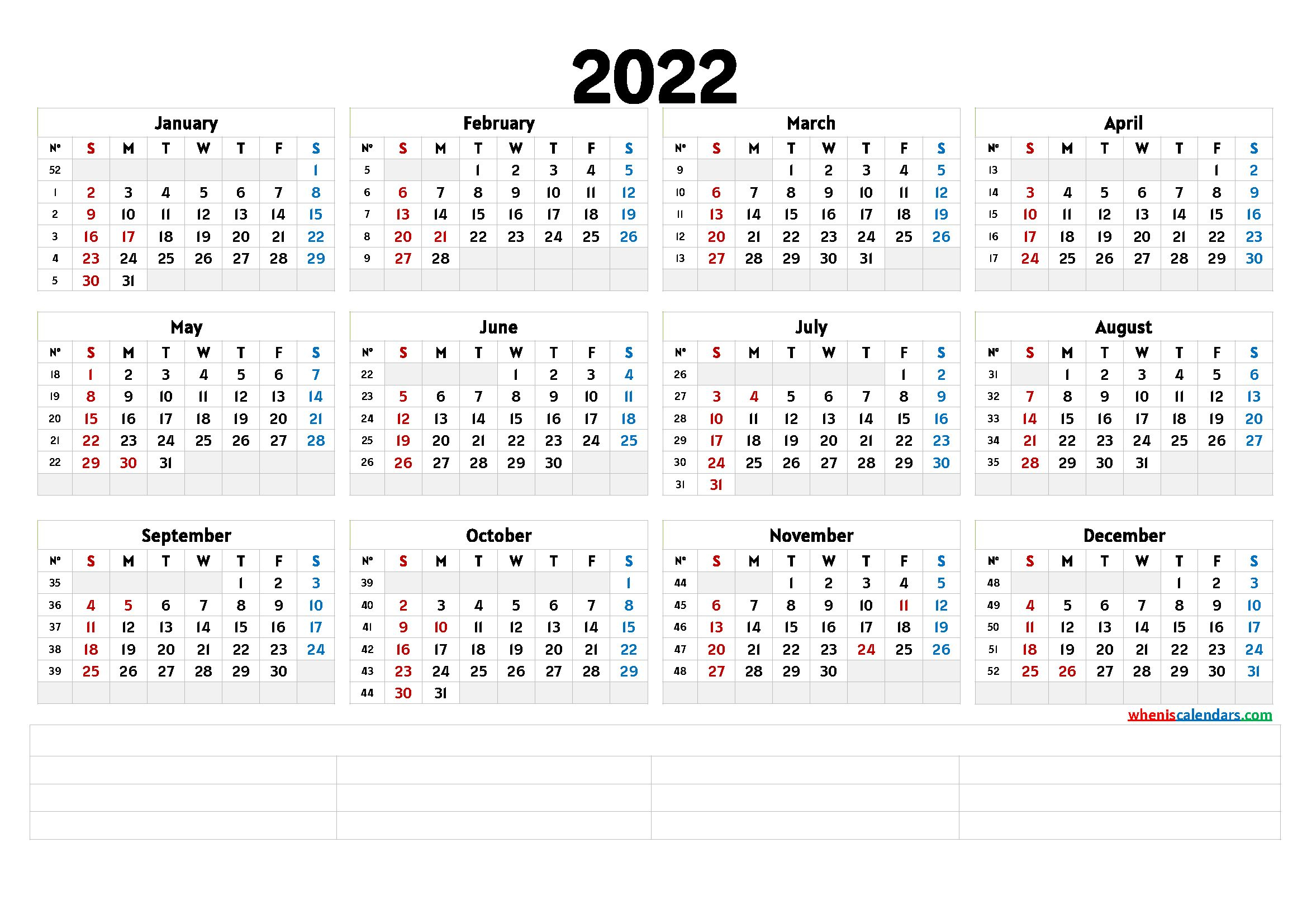 Printable 2022 Yearly Calendar (6 Templates)