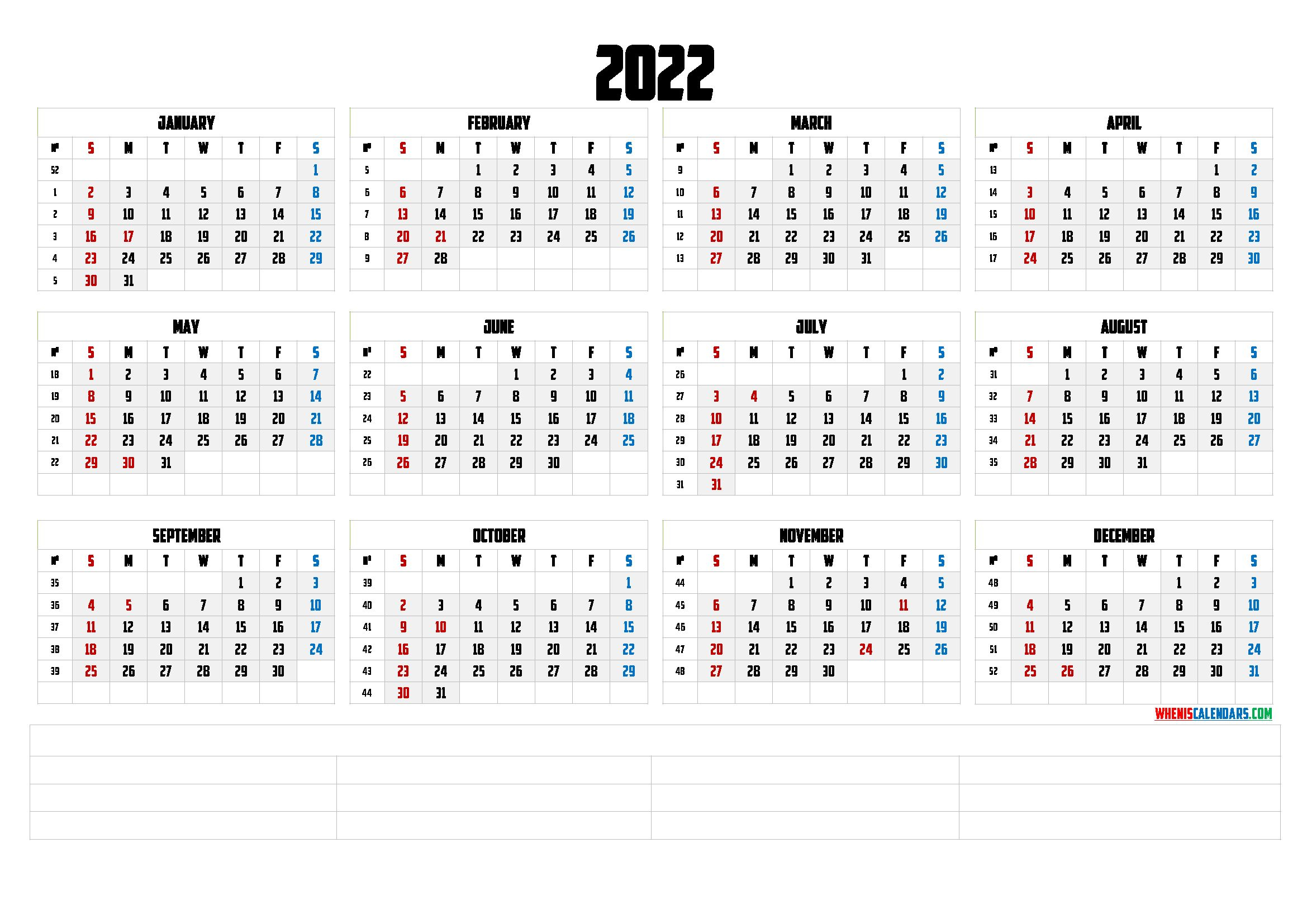 Printable 2022 Yearly Calendar (6 Templates) - Free