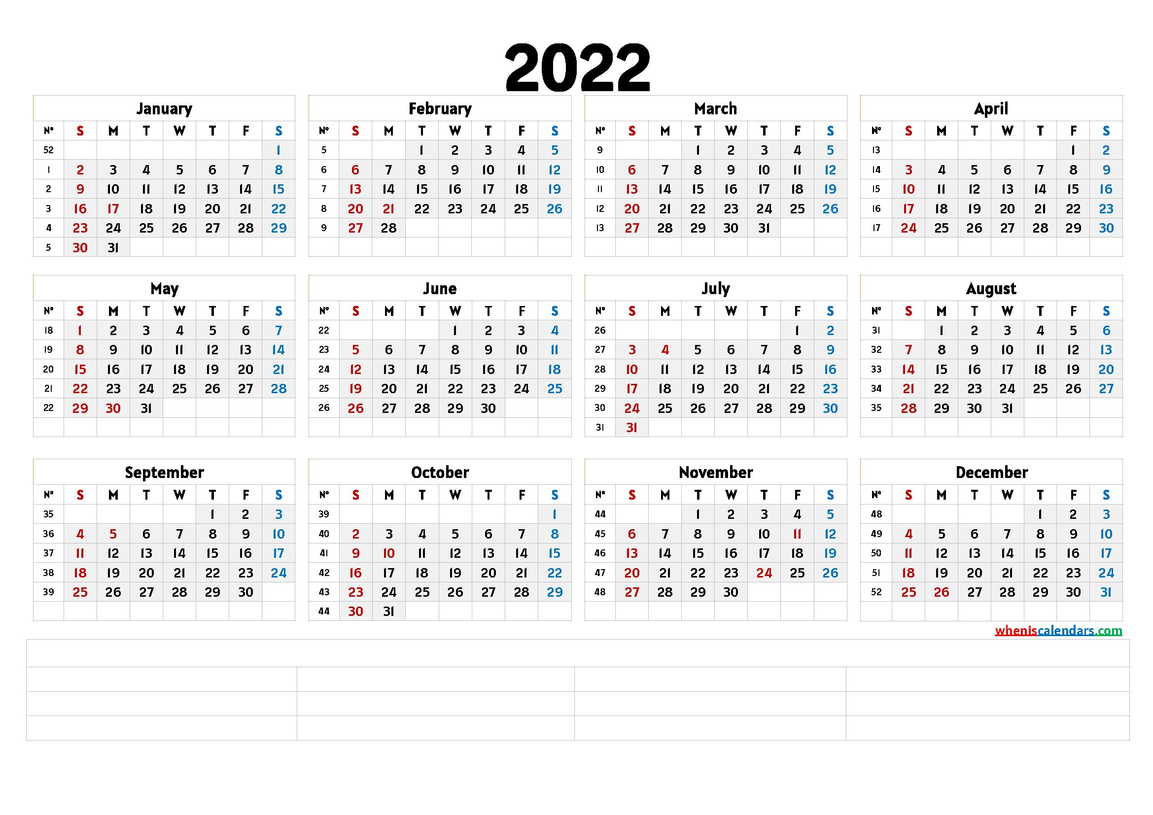 Printable 2022 Yearly Calendar (6 Templates)