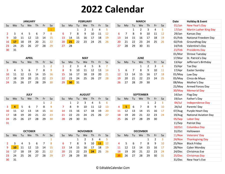 Printable 2022 Yearly Calendar With Holidays | Printable