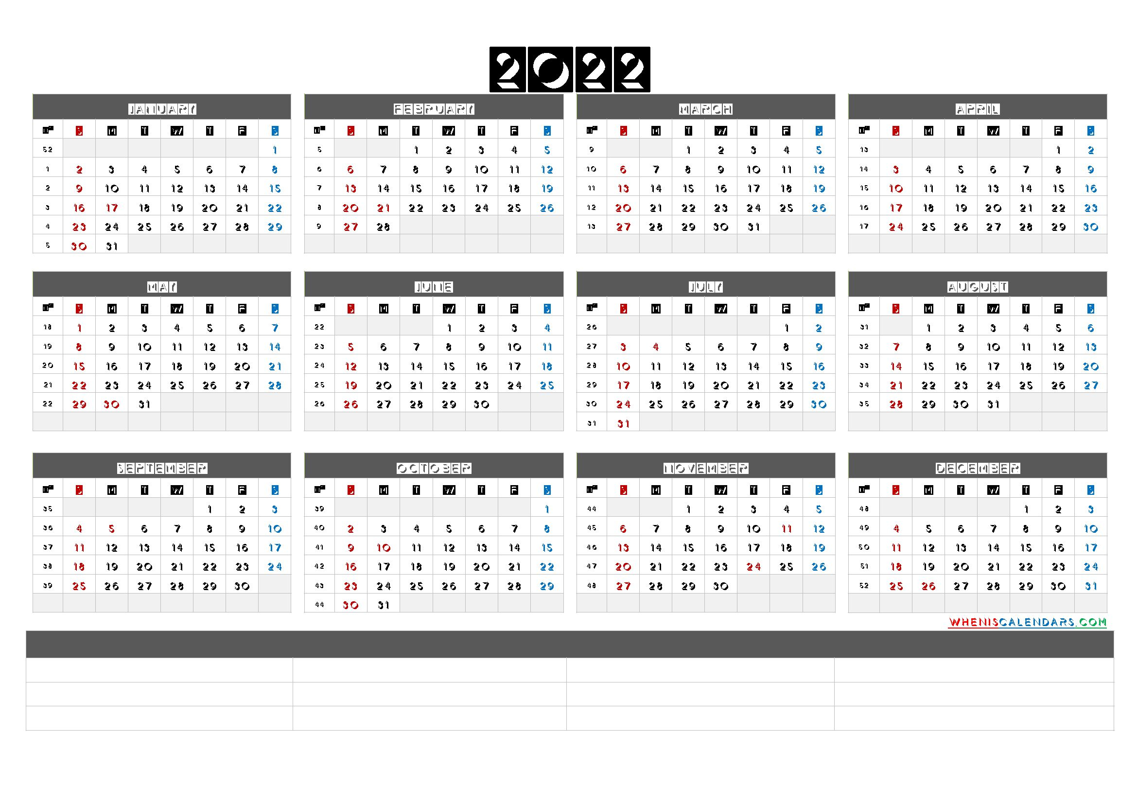 Printable 2022 Yearly Calendar With Week Numbers [Premium
