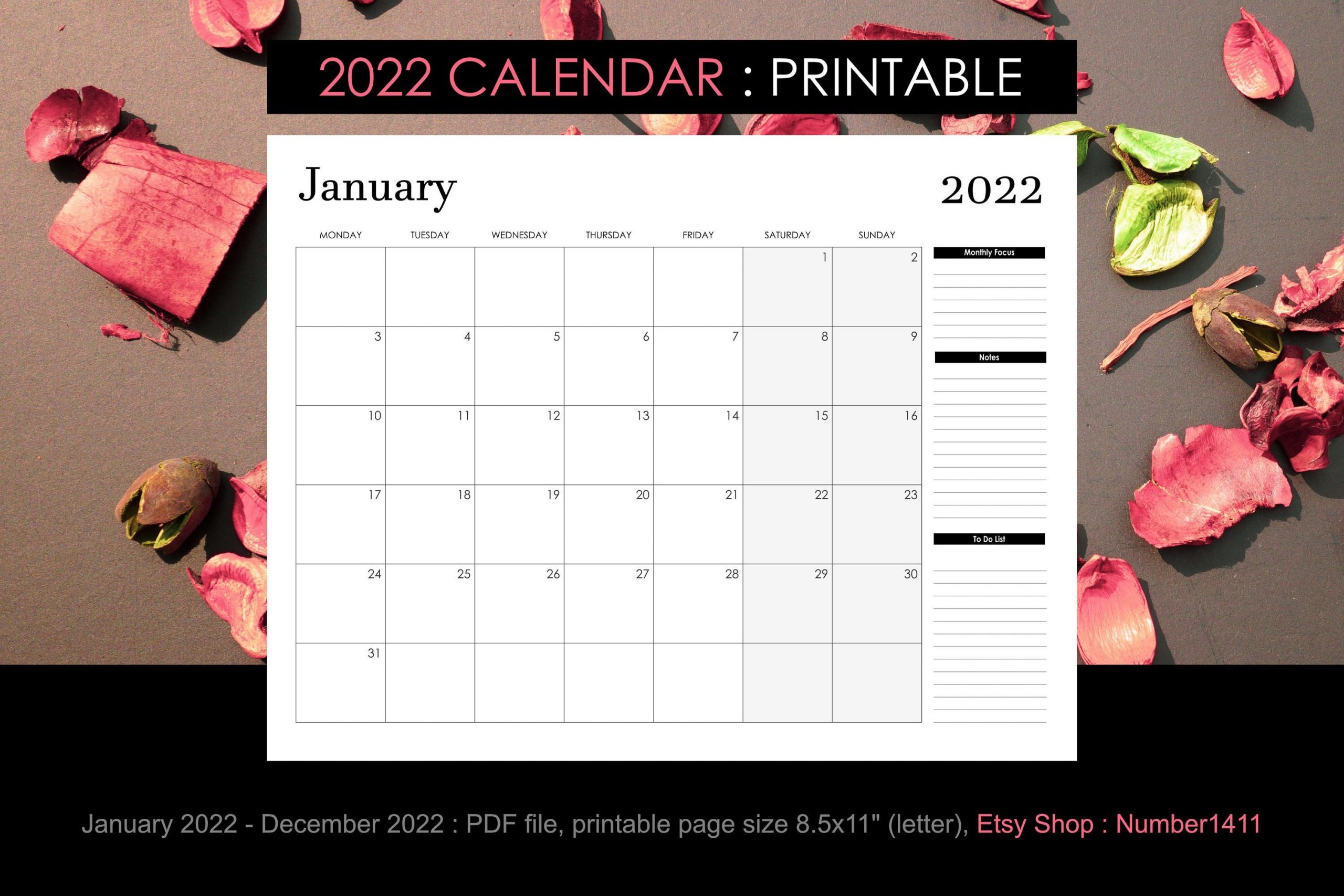 Printable Calendar 2022 For 12 Months Black &amp; White Size