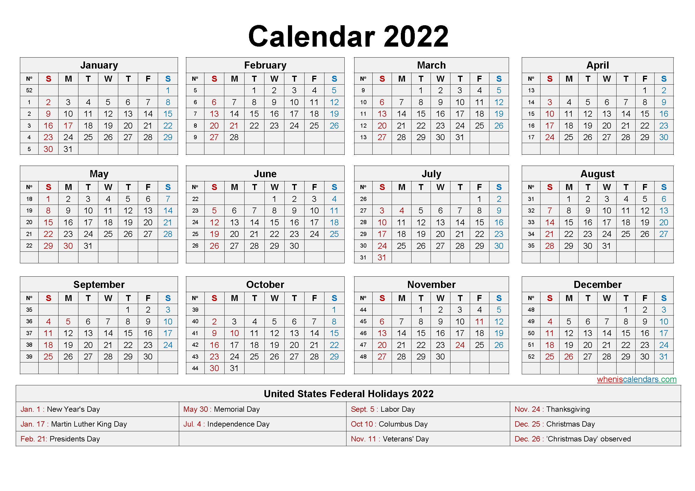 Printable Calendar 2022 / Free Printable 2022 Calendar By