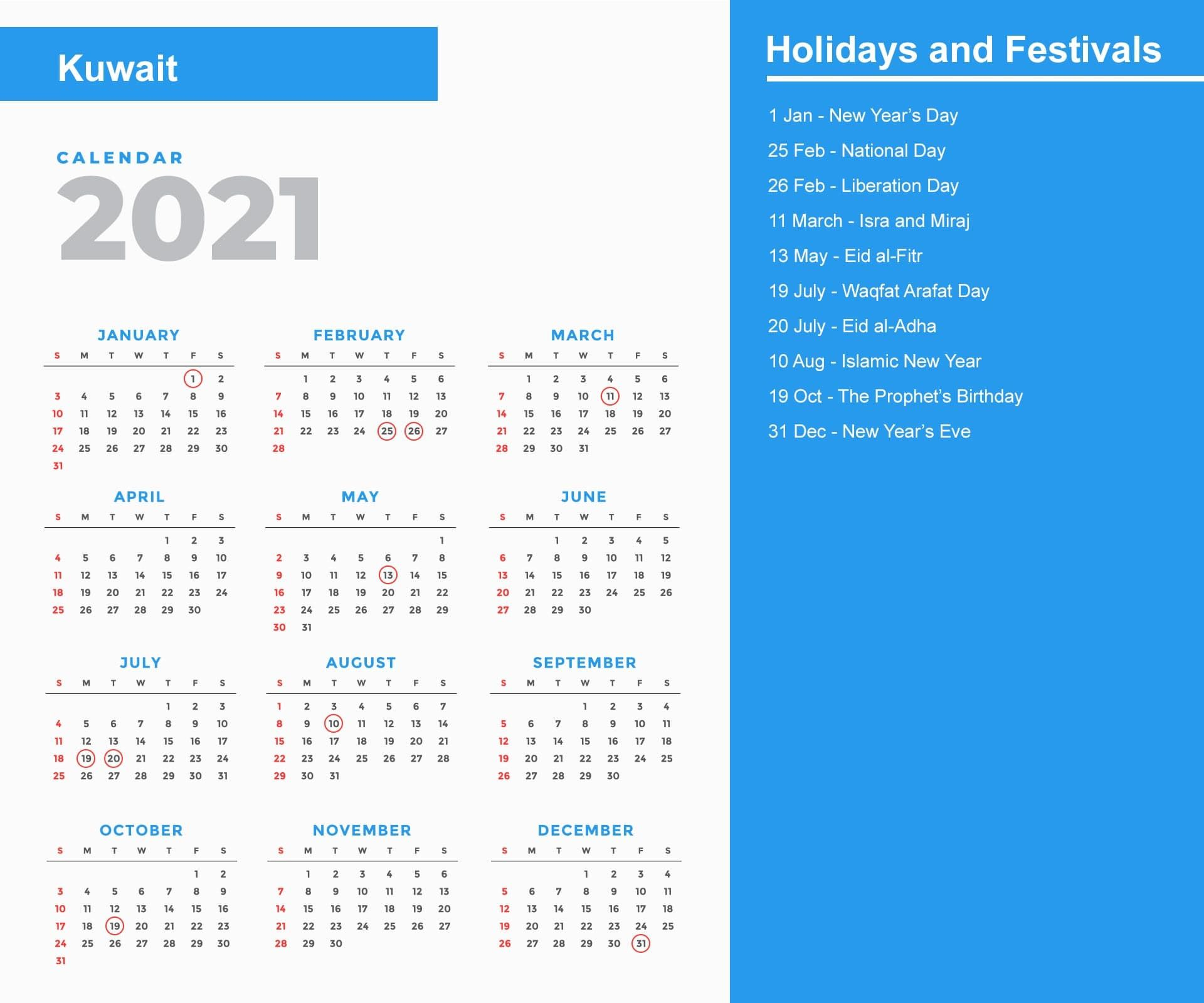 Printable Calendar 2022 Kuwait