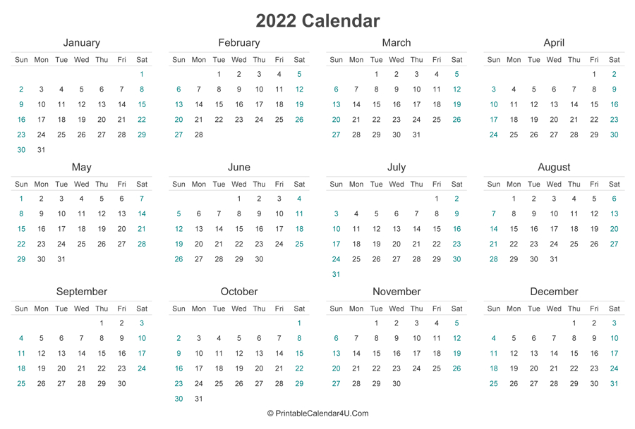 Printable Calendar 2022 Landscape