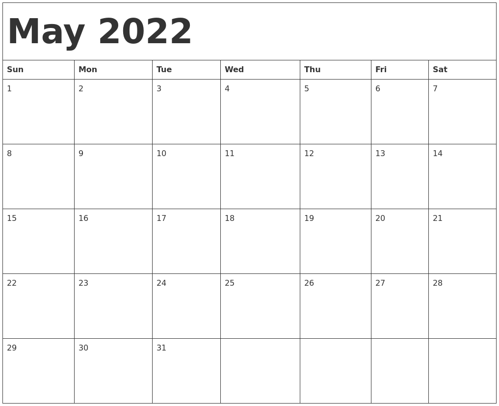 Printable Calendar 2022 May