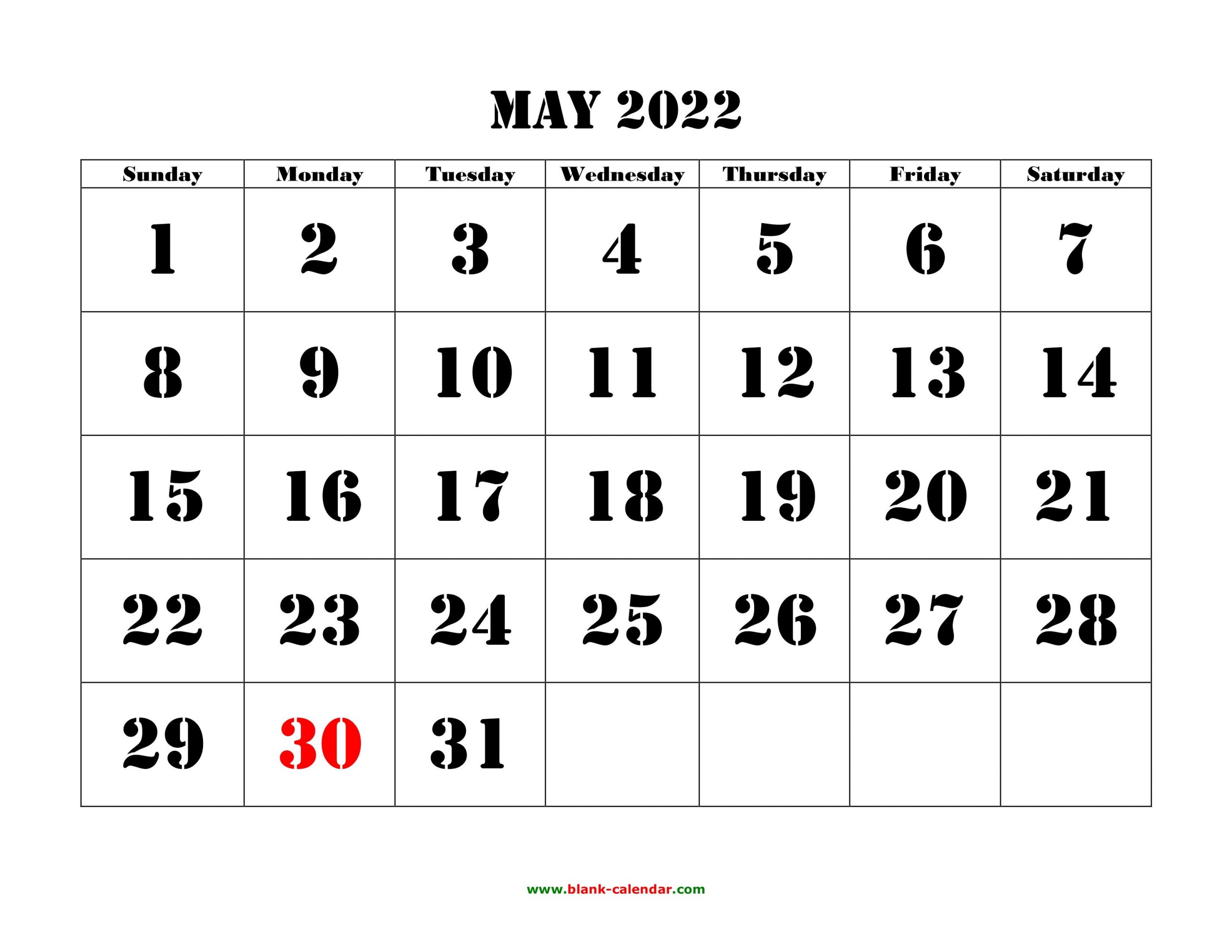 Printable Calendar 2022 May