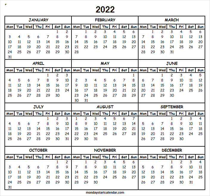 Printable Calendar 2022 Monday Start | Jan To Dec 2022