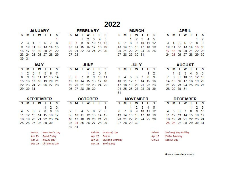 Printable Calendar 2022 New Zealand