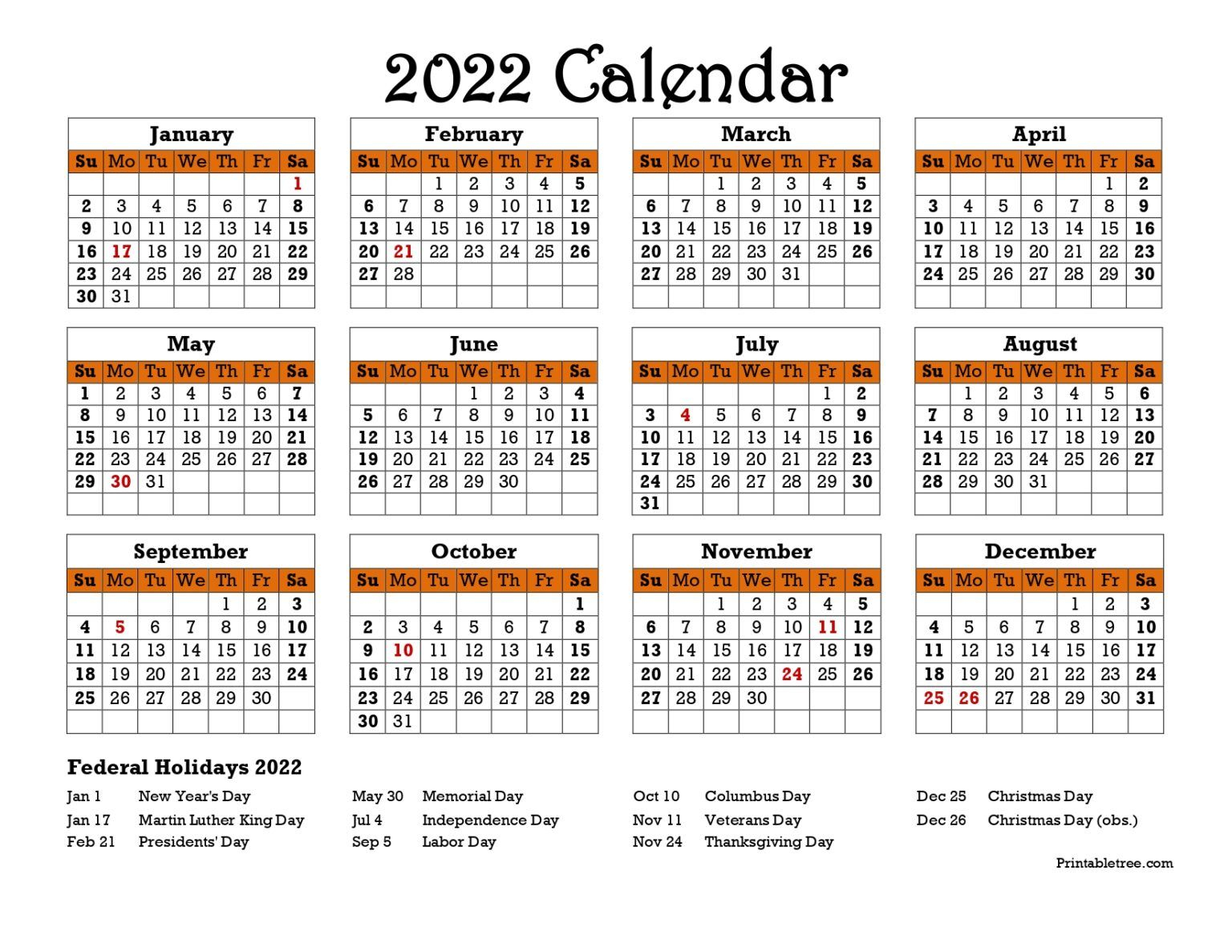 Printable Calendar 2022 One Page With Holidays (Single