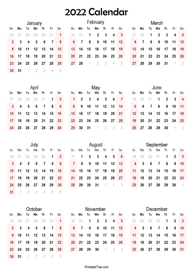 Printable Calendar 2022 One Page With Holidays (Single