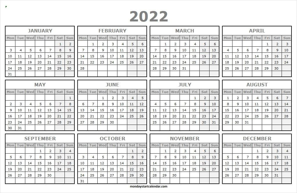 Printable Calendar 2022 Starting Monday | Jan To Dec