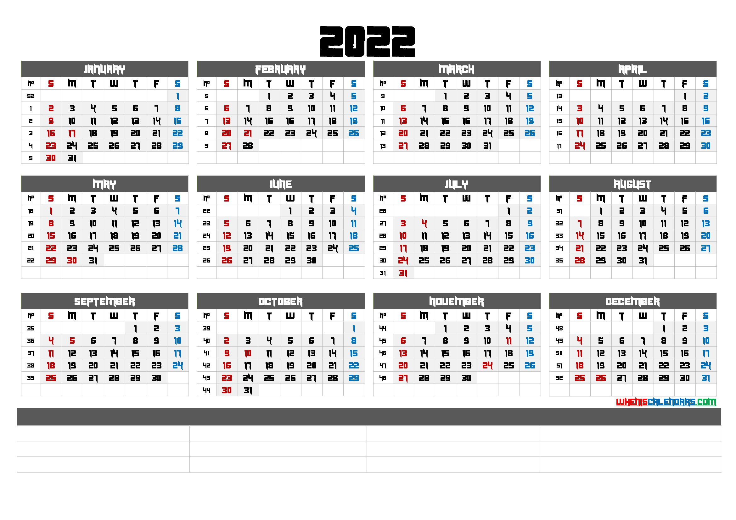 Printable Calendar 2022 : Yearly Printable Calendar 2022