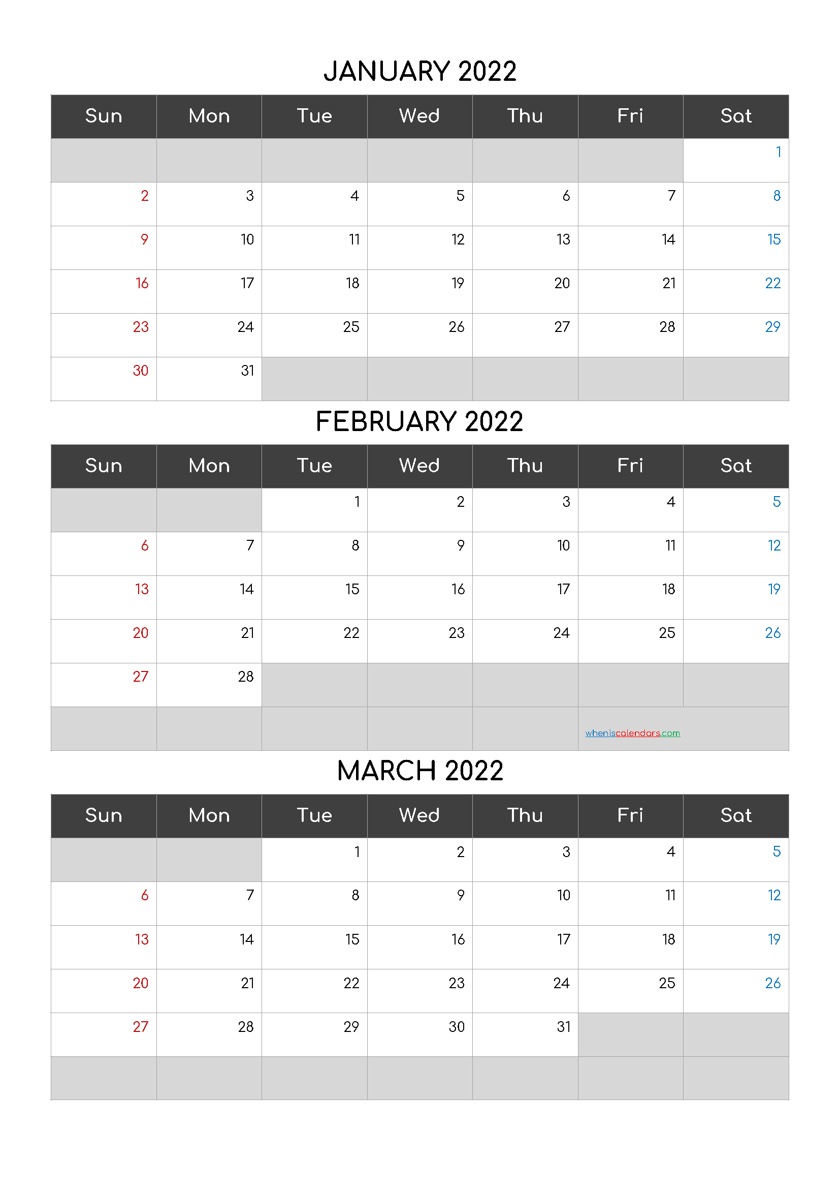 Printable Calendar January February March 2022 [Q1-Q2-Q3