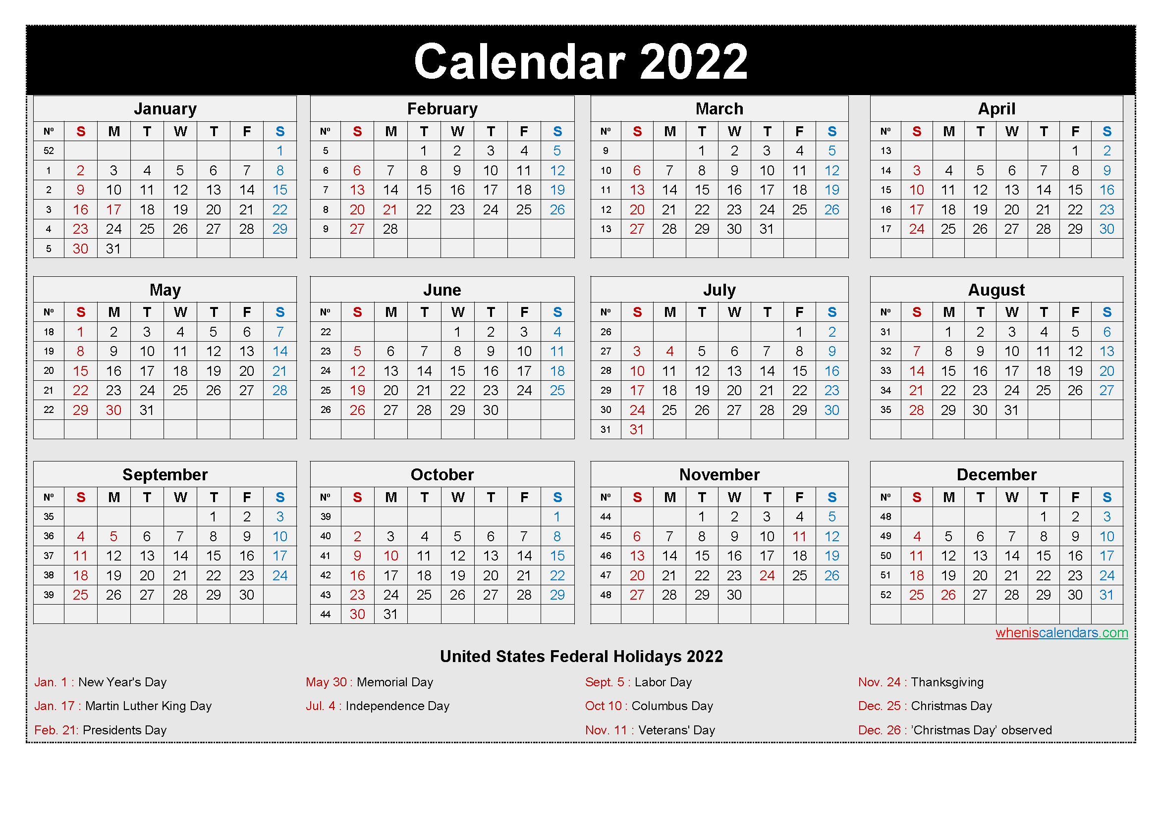 Printable Calendar Year 2022 / 2022 Calendar Printable Pdf