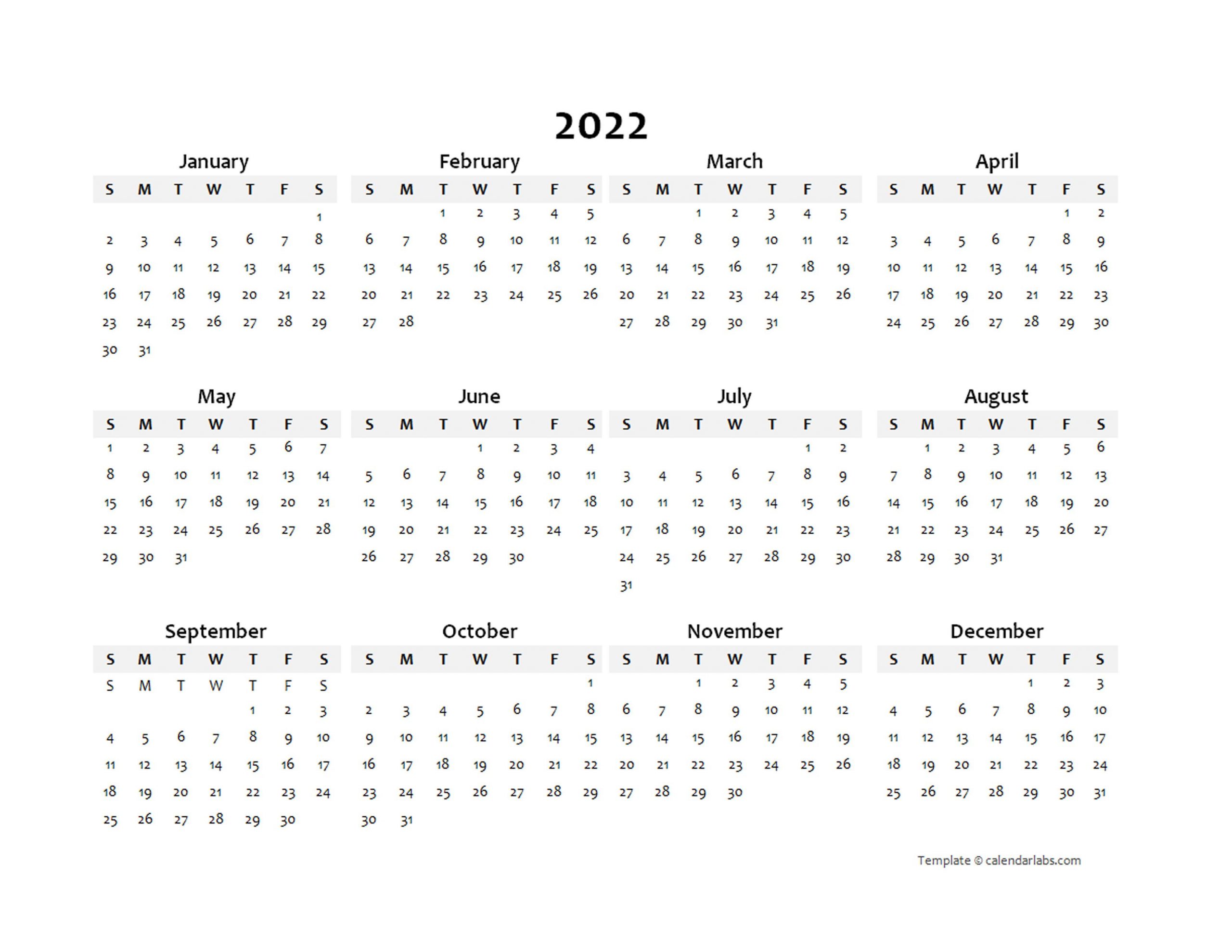 Printable Calendar Year 2022 - Editable 2022 Yearly