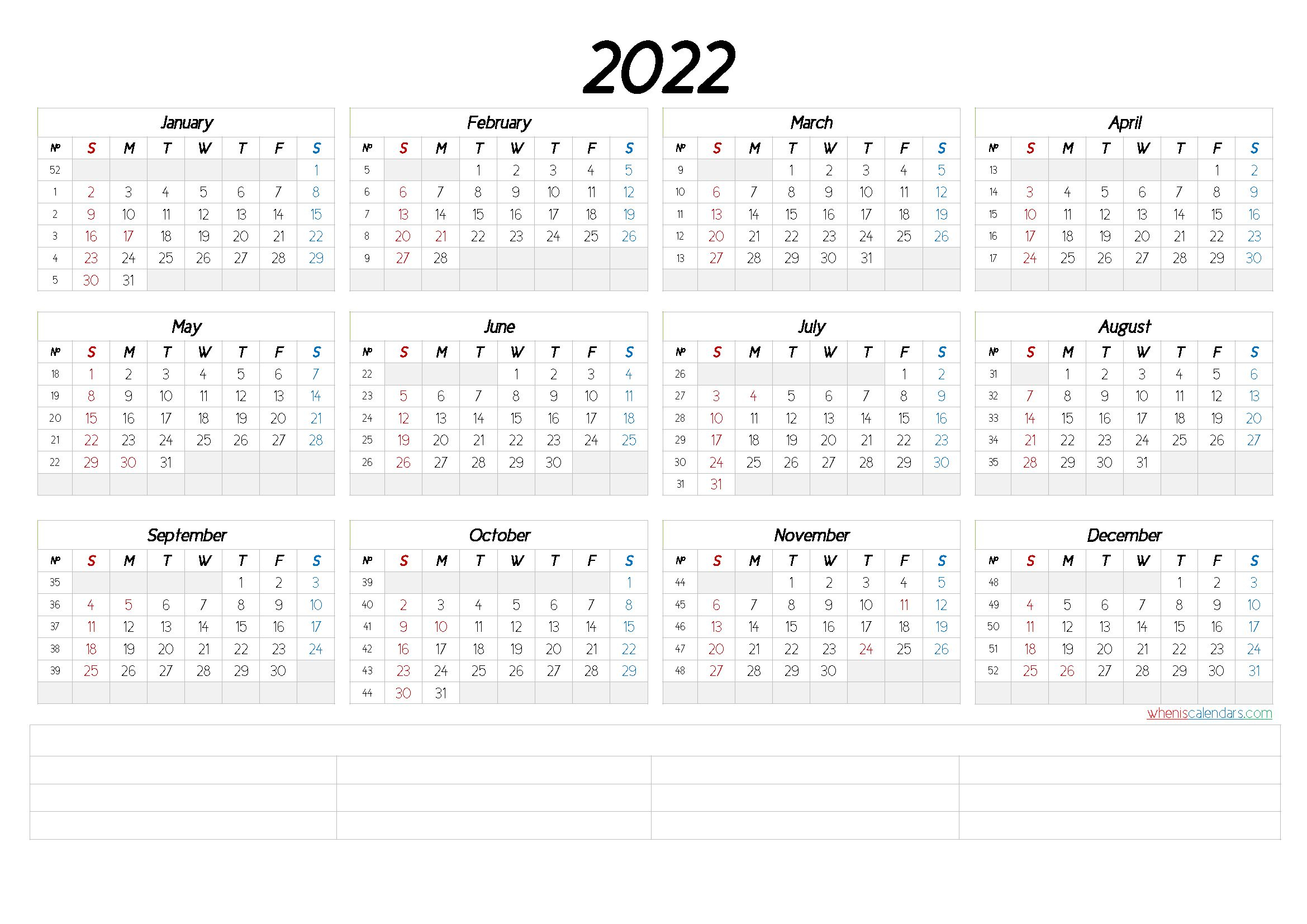 Printable Calendar Year 2022 - Editable 2022 Yearly