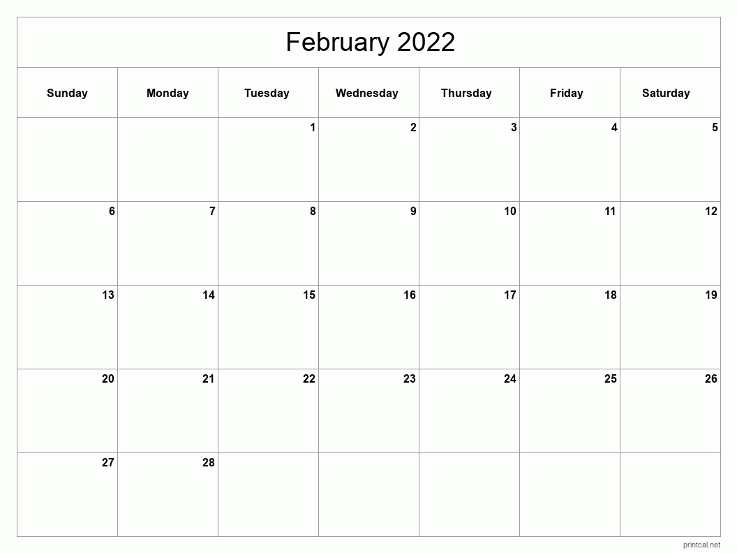 Printable February 2022 Calendar - Classic Blank Sheet