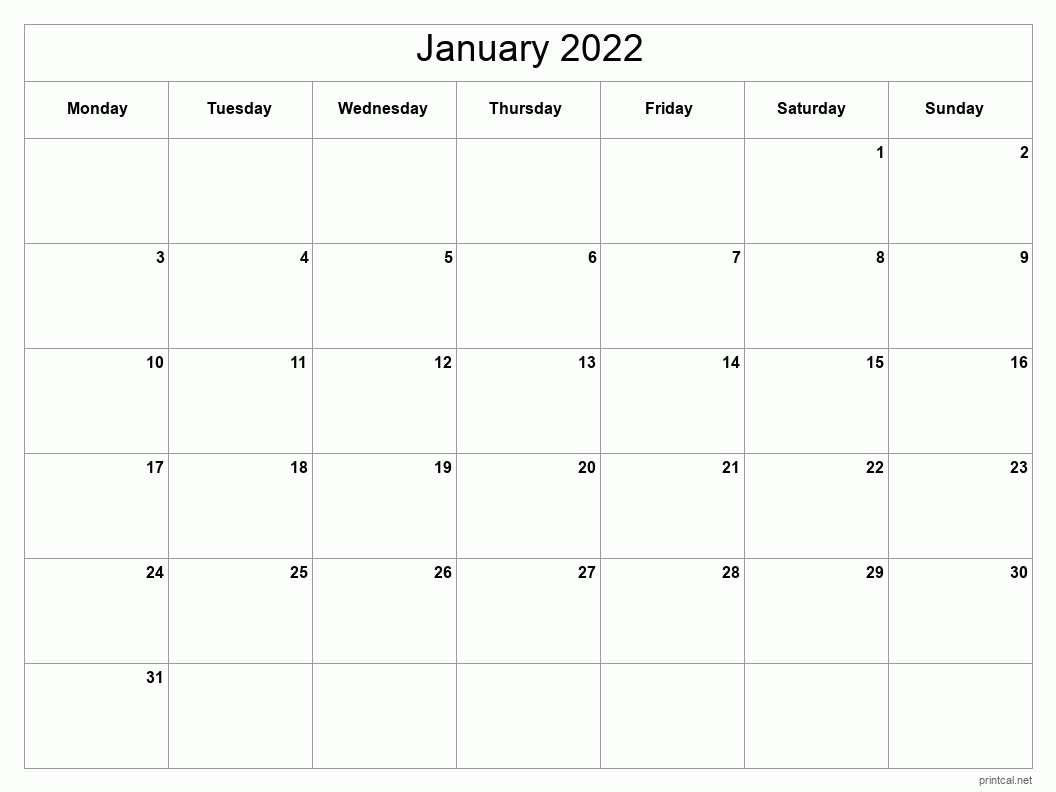 Printable January 2022 Calendar - Classic Blank Sheet